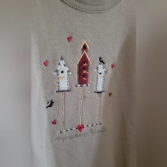 Vtg Top Stitch Embroidered Birdfeeder Pullover Sweatshirt, Women's L, Tan & Red - Picture 2 of 8